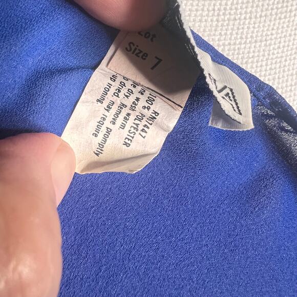 Vintage 70s Sheena Size XS Blue Sheer Chiffon Dress Ruffle Peplum Disco Career - Picture 9 of 12